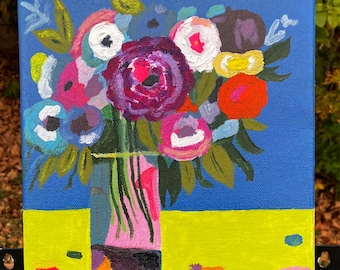 Fantasy Blue/Gold Floral Painting: original Mixed Media Bouquet on Canvas (8x8 inch)