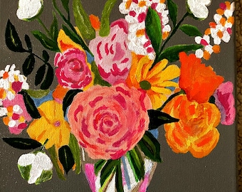 Floral Bouquet Acrylic Painting: Cheerful Pink Flowers in Ginger Jar, 10x10