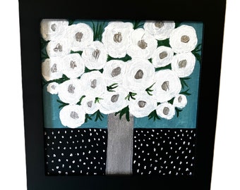 WHITE ROSES in SILVER Vase 6x6 inches original abstract painting in black wood frame