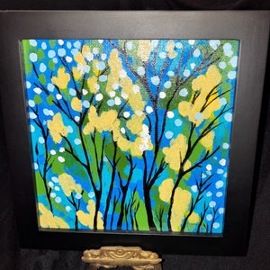 Forest Trees Abstract original 6x6-inch painting set into a black wood frame blue green yellow