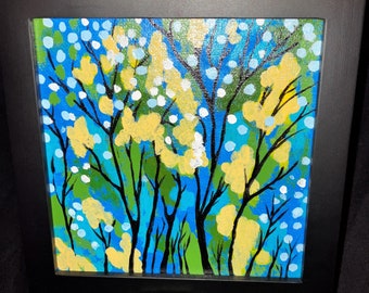 Forest Trees Abstract original 6x6-inch painting set into a black wood frame blue green yellow