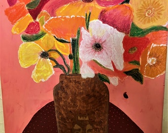 Summer Bouquet Painting: Abstract Floral Still Life, Oil & Acrylic on Canvas (16x20 inch)