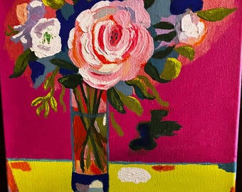 PINK MAGENTA PAINTING Fantasy Roses Bouquet: original on Canvas (8x8)