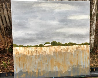 GRAY DAY an original acrylic landscape of a serene rural field overcast clouds trees 14 x 14 in canvas in neutral colors Free Shipping