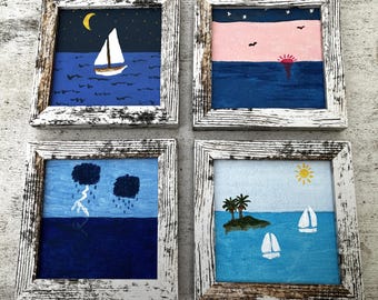 SAILING SCENES set of 4 in wood frames each 4x4 inches