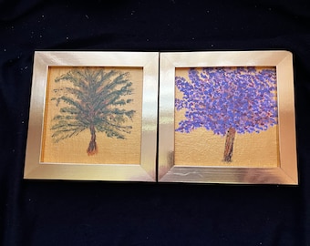 Southern Trees Painting Pair: Jacaranda & Palmetto in Gold Frames