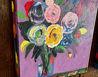 Deep Purple Floral Painting, Colorful Abstract Bouquet, 8x8 Canvas Art
