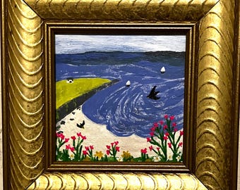 Seascape original Painting: Sailboats, Island, handmade 4x4 Wood Frame