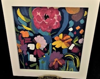 Flower Garden Abstract Acrylic Painting: Bright Colors, White Wood Frame (6x6 inches)