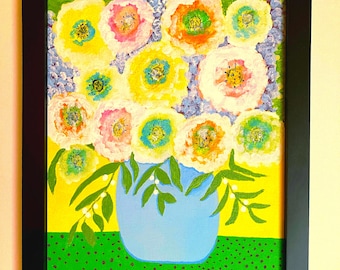 SPRING FLORAL PASTEL Colors: Abstract Bouquet in Blue Vase, Framed, 8x10