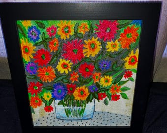 Colorful Bouquet Painting: Original Floral Art in Wood Frame (6x6 in.)