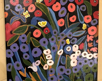 Butterfly Garden Painting: Abstract Floral Art, 10x10 Mixed Media Canvas