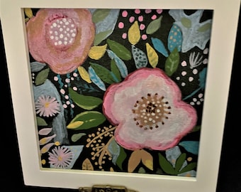 Abstract Floral Painting: Pink, Green & Blue on Black, White Wood Frame
