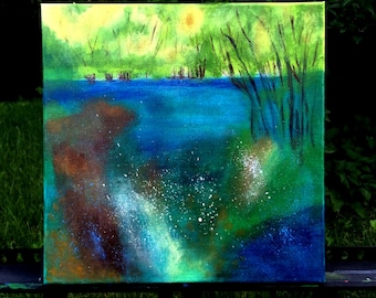 WOODLAND POND Painting: Original Abstract Summer Landscape Acrylic Wall Art (12x12 in)