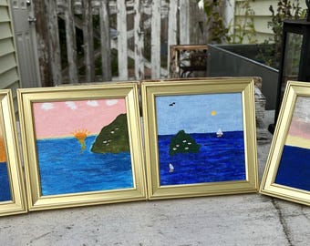 Seascape Painting Set: 4 Original 4x4" Gold Framed Art
