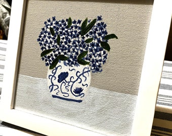 Blue Hydrangea Ginger Jar Painting, Cottage Core Wall Art, 6x6 Inch Framed Canvas
