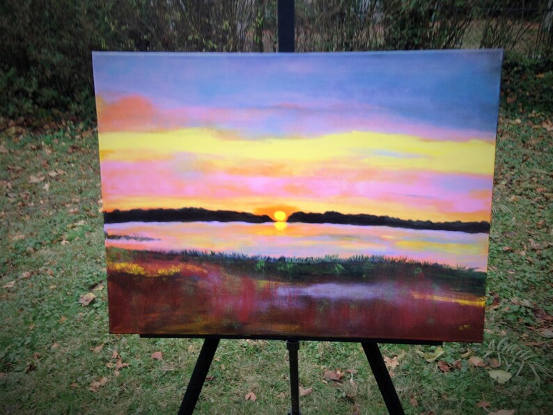 SUNSET LAKE Original Abstract Large Colorful 18 X 24 In. Sky Clouds ...