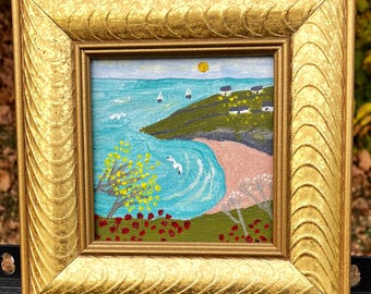 Tropical Seascape Painting: Sailboats, Island, handmade 4x4 Wood Frame