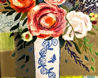 GINGER JAR FLORAL Collage, Roses, Still Life Painting, 12x12 Canvas Art