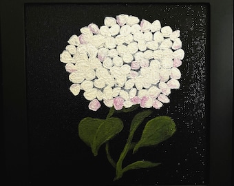 Hydrangea Impasto Painting: White Flower on Black, Framed 6x6