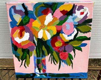 Fantasy Flower Bouquet painting: Colorful Mixed Media Art (8x8 inch)