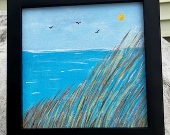 Original Seascape Painting: Acrylic Ocean View with Black Wood Frame (6x6 inch)