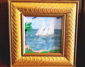 SAILBOATS in handmade wood frame, original painting Tropical Seascape 4x4