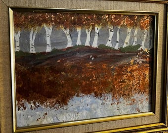 Encaustic Copper Birches Painting: Autumn Reflection, 9x12 Mixed Media