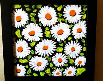 DAISY FIELD with Black Wood Frame 6x6 inches original painting stand or hang