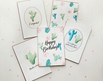 Cacti Card Pack . 5 cards . cactus card .  every occasion cards . happy birthday card . congrats card .  wedding card . get well soon card