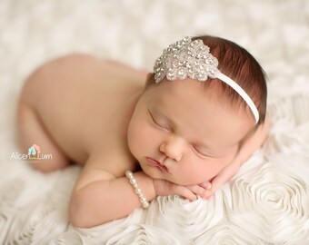 Baptisum Headband Baby Girls Couture Pearl Rhinestone Bling Gatsby Style Girl Vintage Inspired Headband Stunning Baby Girl Photo Prop