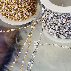 White Enamel Bead Chain: Gold or Silver Cable, Permanent Jewelry Supply