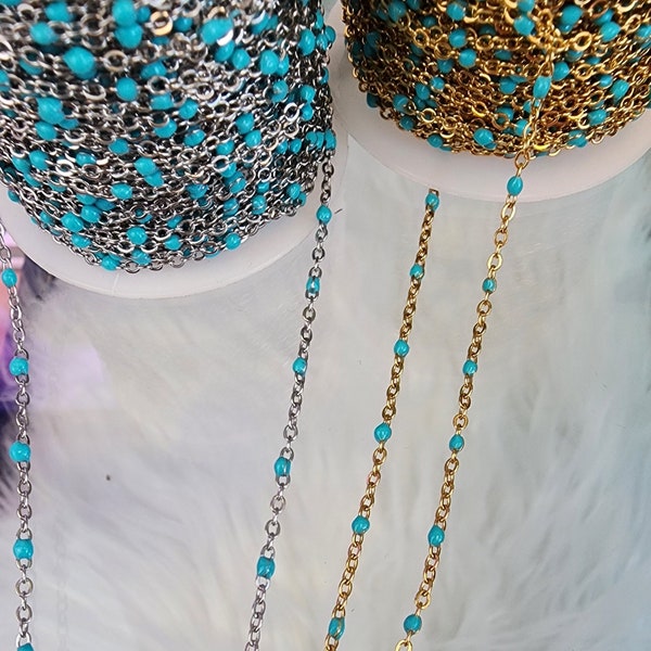 Light Blue or Aqua  Enamel Chain multicolor bulk chain chain for permanent jewelry Supply wholesale bead and cable gold or silver link