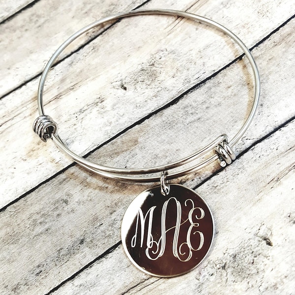 Monogram Bracelet - Adjustable Wire Charm Bracelet with Monogram Engraved - Custom Made Personalized Initials Stainless Steel