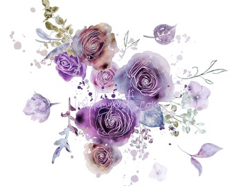 DIGITAL Purple & Rust Flower Bloom Watercolour Floral Rose Clipart Digital Paper Flowers Clip Art DIY Card Invitation