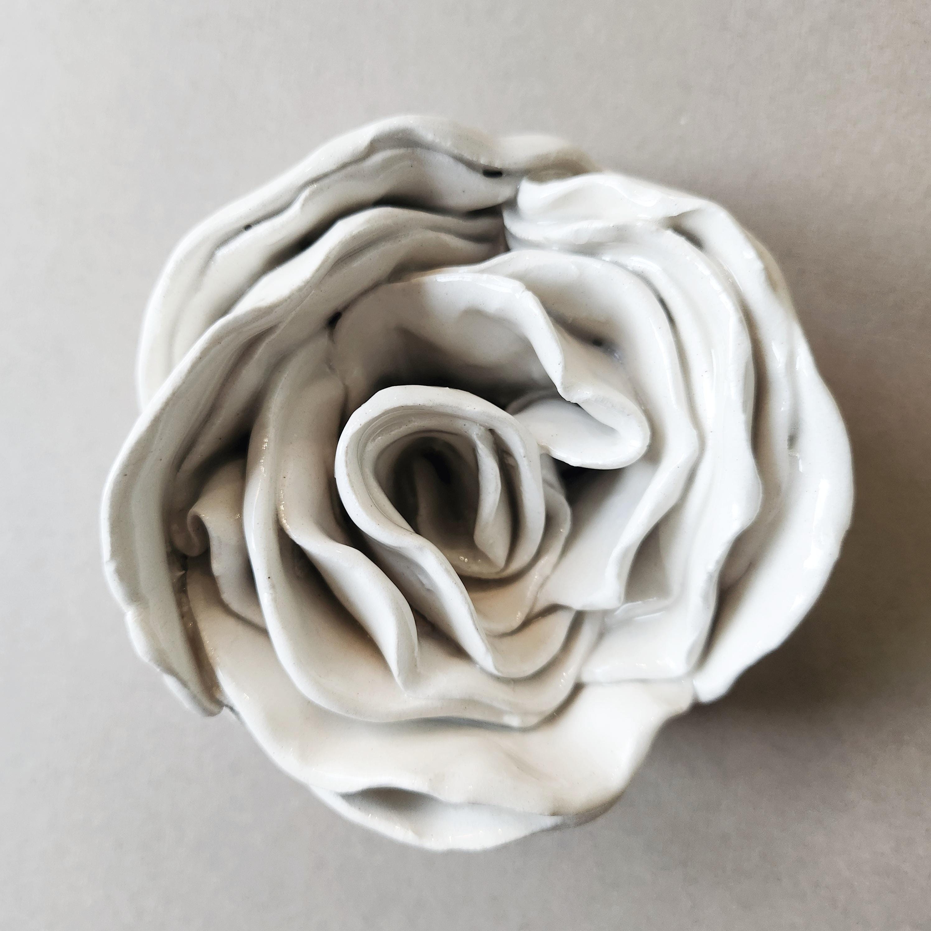 25. "Delicate White" Ceramic Pottery Rose Flower Wall Sculpture Handmade Original One-Off One-Of-A-Kind Art Piece (3" / 263g)