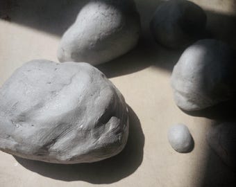 Hand-Sculpted Gray Clay Stone Wall Art 3D Minimalist Wall Sculptures with Keyhole Hanging Natural Organic Modern Home Decor (x6 Stones)