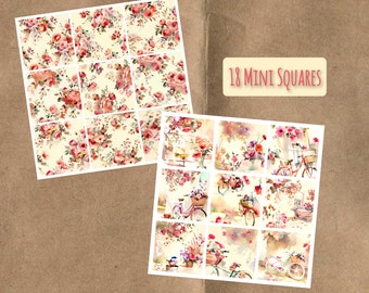 DIGITAL Coral Rose Blossom Watercolour Floral Printable Mini Squares Dominoes Square Tiles Digital Download