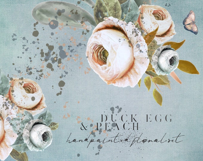 DIGITAL Duck Egg & Peach Floral Clipart Vintage Watercolour Flowers Clip Art PNG Digital Download Printable Art InsideMyNest