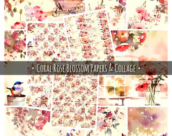 DIGITAL Coral Rose Blossom Watercolour Floral Papers Printable Collage Sheets Digital Download Journal Papers (Bundle 2)