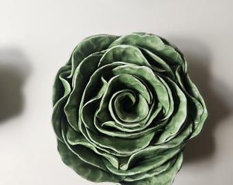 Clover Green Handmade Ceramic Rose, Unique Hand-Sculpted Floral Art, One-of-a-Kind Decorative Flower, Gift for Flower Lovers