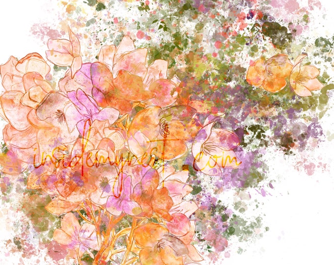 DIGITAL Watercolour Splashes Abstract Floral Background Paper Flowers Printable Wall Art Stationery Orange Lilac