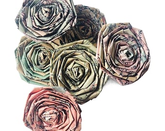 Old Map Paper Rose Bouquet: Handmade Vintage Floral Decor (6 Rose Stems)