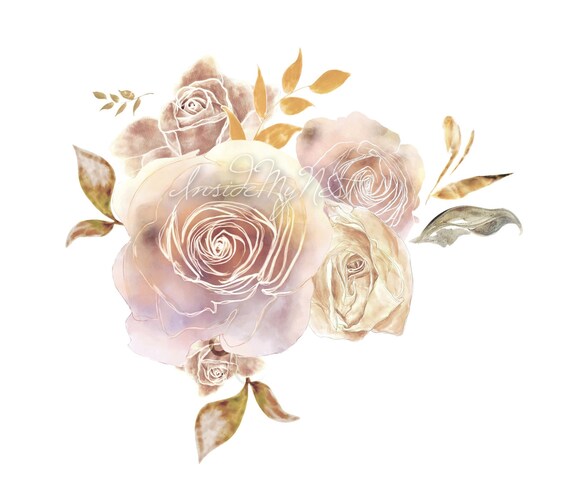 DIGITAL Blush Champagne Watercolour Roses Flower Bouquet Etsy