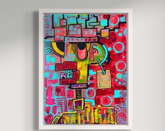 Cubist Portrait Acrylic Painting: Red, Yellow, Turquoise Abstract Art