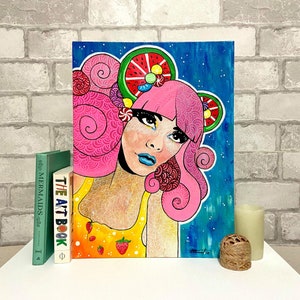 Surreal acrylic painting, whimsical candy portrait, lollipop girl pop art canvas, pink hair wall art, whimsical acrylic canvas