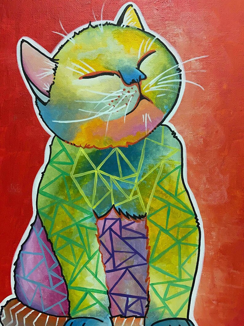 Geometric Cat Acrylic Canvas Colorful Abstract Cat Painting Etsy