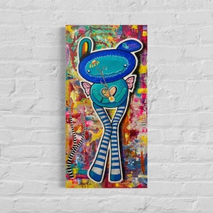 Blue bunny, yellow flower, acrylic painting on canvas, pop art modern artwork, whimsical rabbit painting, colorful wall art original artwork