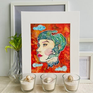 Female watercolor portrait, 3D paper cut collage illustration, hand cut paper art, mixed media wall art, green hair, mystic clouds, textures