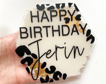 Acrylic Custom Name Cake Topper - Acrylic Cake Topper, Custom Birthday Cake Topper, Cheetah Cake Topper, Wild One Safari Cake Decor, Gold